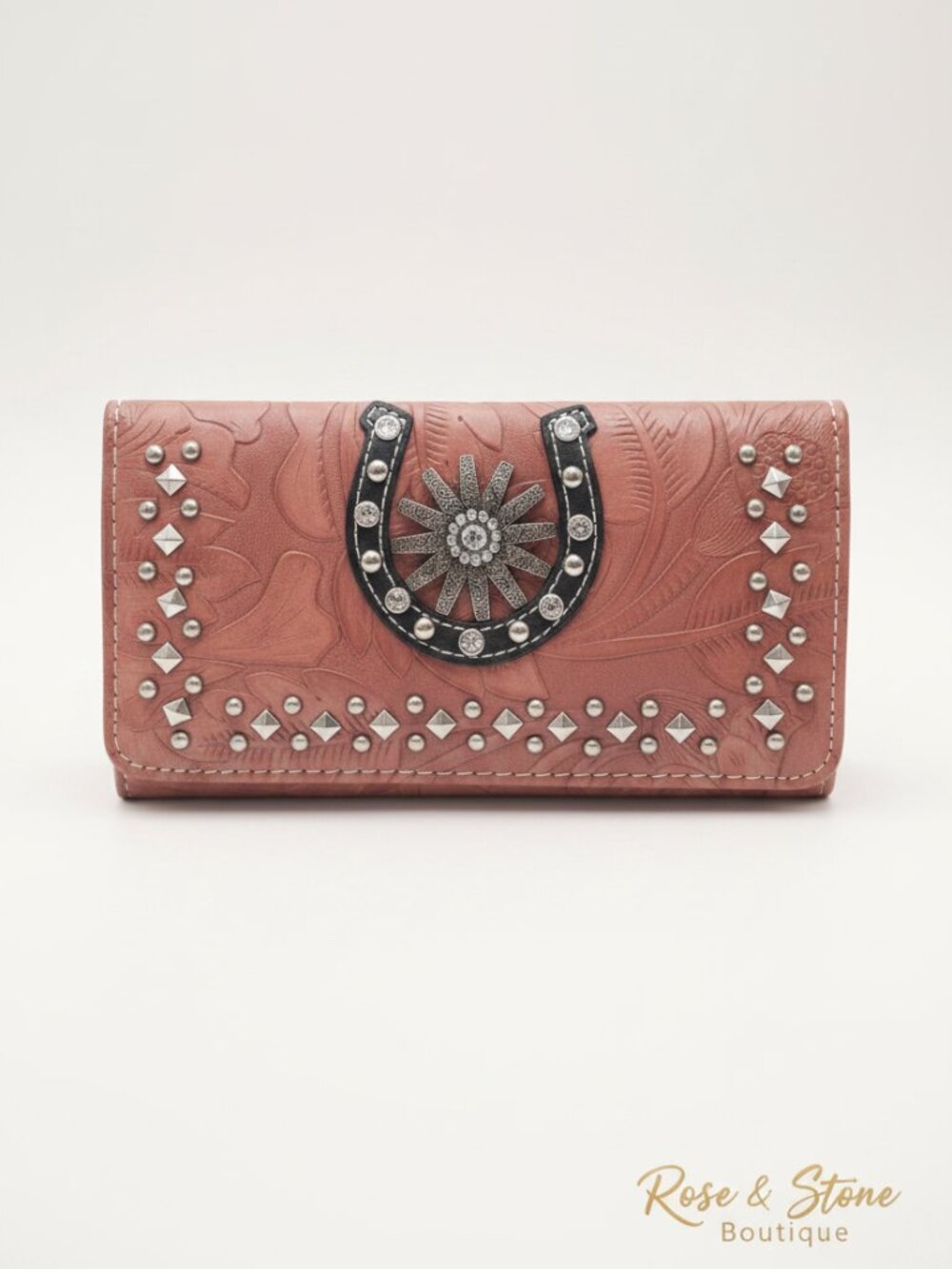 Western Bifold Wallet Dusty Rose Horseshoe Concho Silver Studs Boho NW/OT